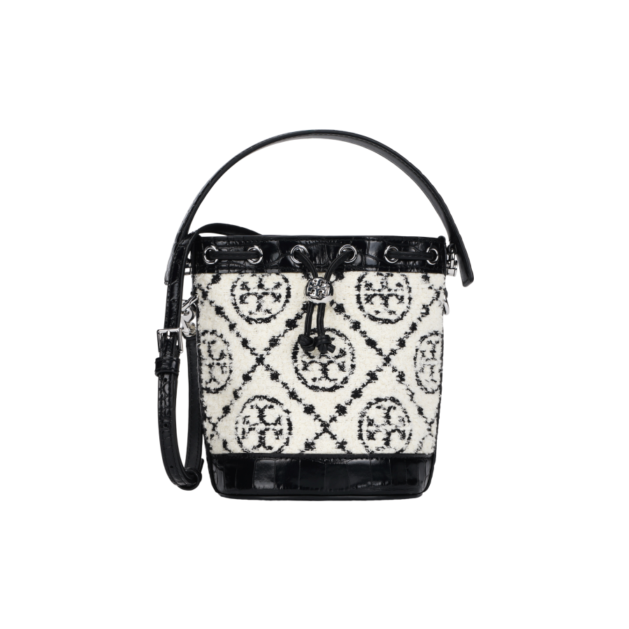 TORY BURCH T Monogram Fabric With Leather Bucket Bag, Handbag, Shoulder Bag, Crossbody Bag Mini Women's Black