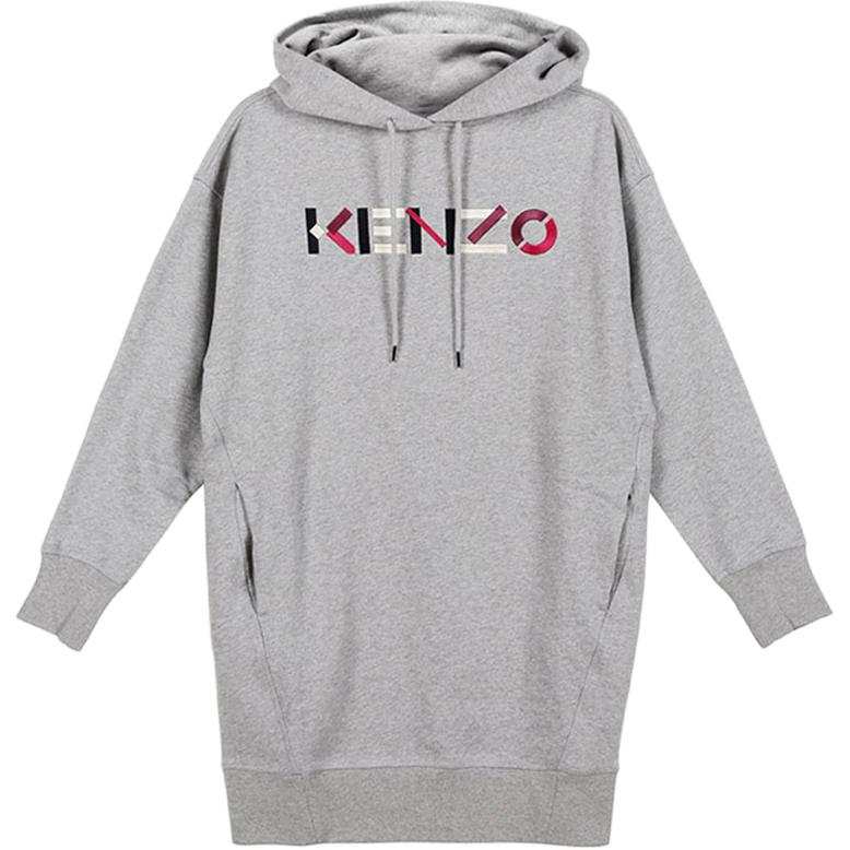 KENZO Logo Embroidery Fleece Lined Hooded Sweatshirt Long Sleeved Dress Women's Pearl Gray