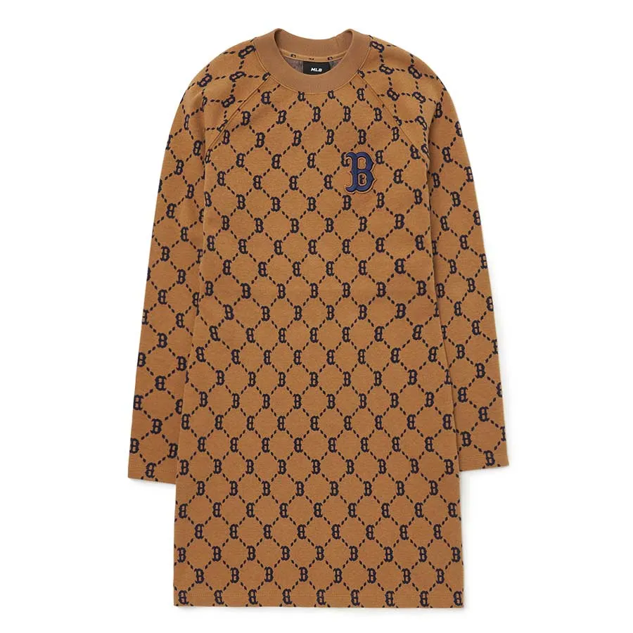 MLB Old Flower Long Sleeved Dresses Women's Khaki Crew Neck Moderate Mid Length