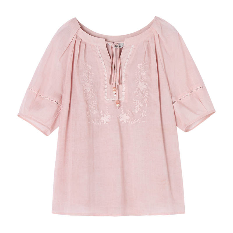 XIANGYING Shirts Women's Pink Crew Neck Moderate Shirt