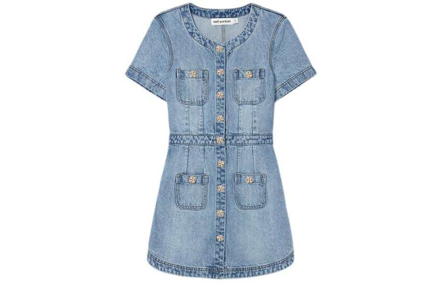 Self-portrait Self portrait Short Sleeved Dress Women's Light Denim Blue