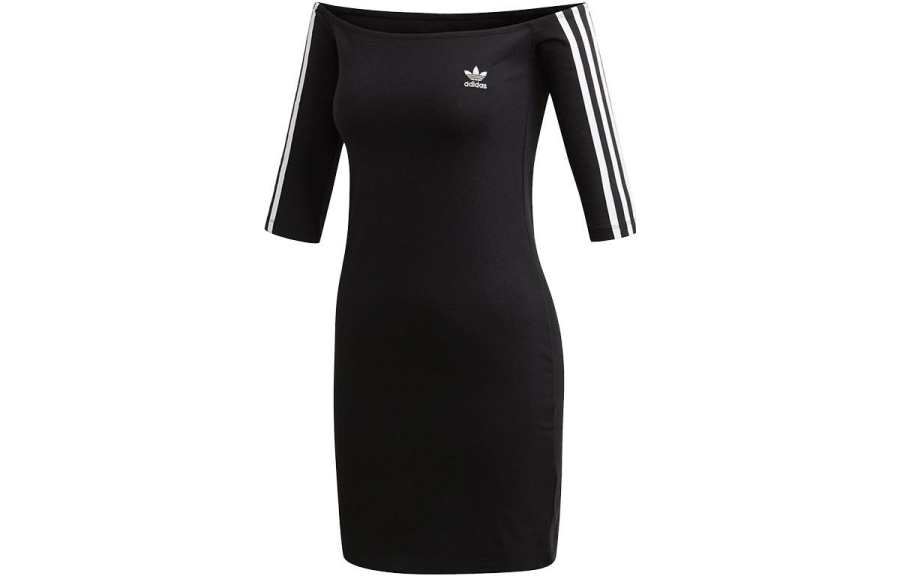Adidas Originals Hot Girl Collection Short Sleeved Dresses Women's Black Boat Neck Moderate Short