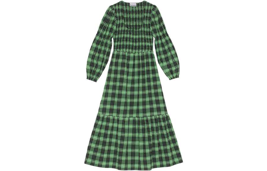 GANNI Seersucker Check Maxi Smock Dress