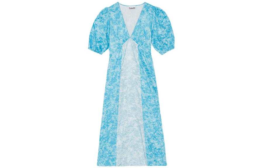 GANNI Short Sleeved Dresses Women's Sky Blue V Neck Moderate Mid Length