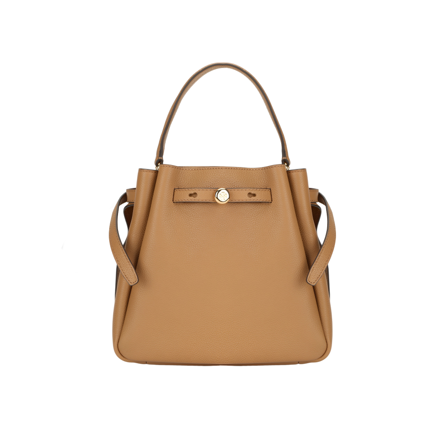 TORY BURCH Romy Litchi Grain Leather Bucket Bag, One Shoulder Handbag Medium Women's Tiramisu