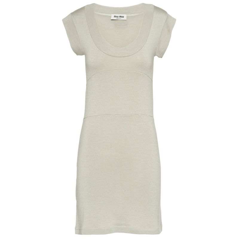 MIU MIU Short Sleeved Dresses Women's Ecru Crew Neck Moderate Short