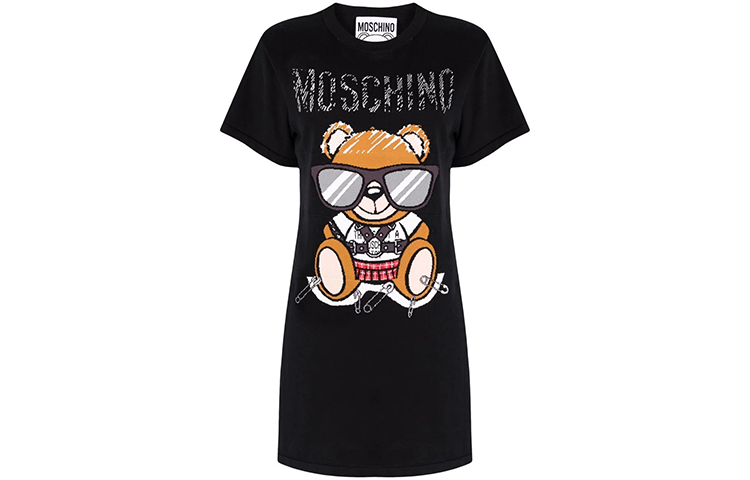 MOSCHINO Short Sleeved Dresses Women's Black Crew Neck Mid Length