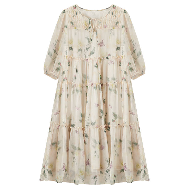XIANGYING Short Sleeved Dress Women's Beige