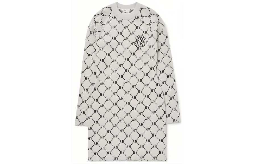MLB Old Flower Long Sleeved Dresses Women's White Crew Neck Thin Short