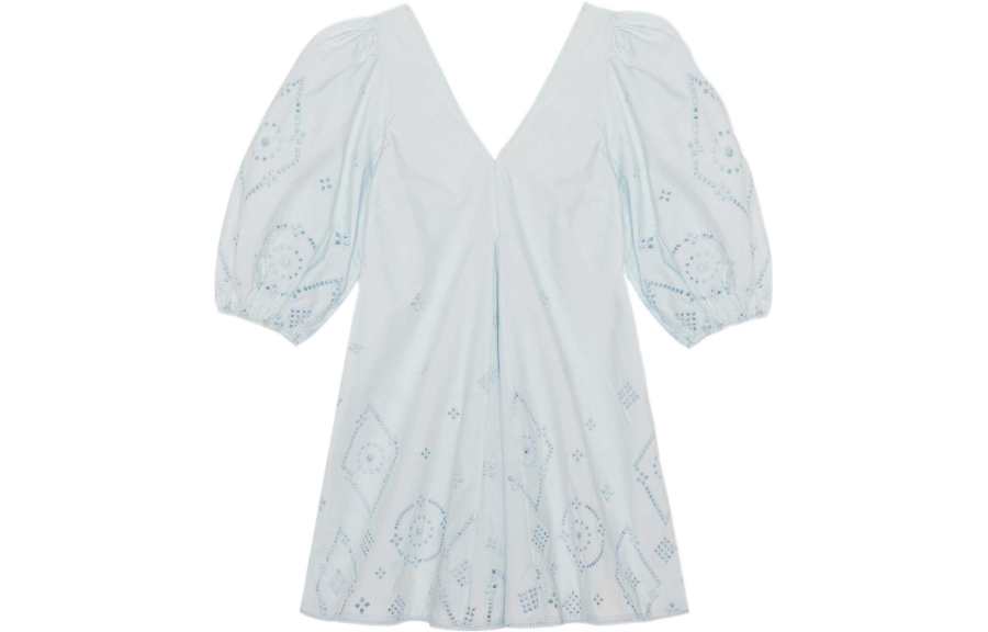 GANNI Short Sleeved Dresses Women's Blue V Neck Thin Short