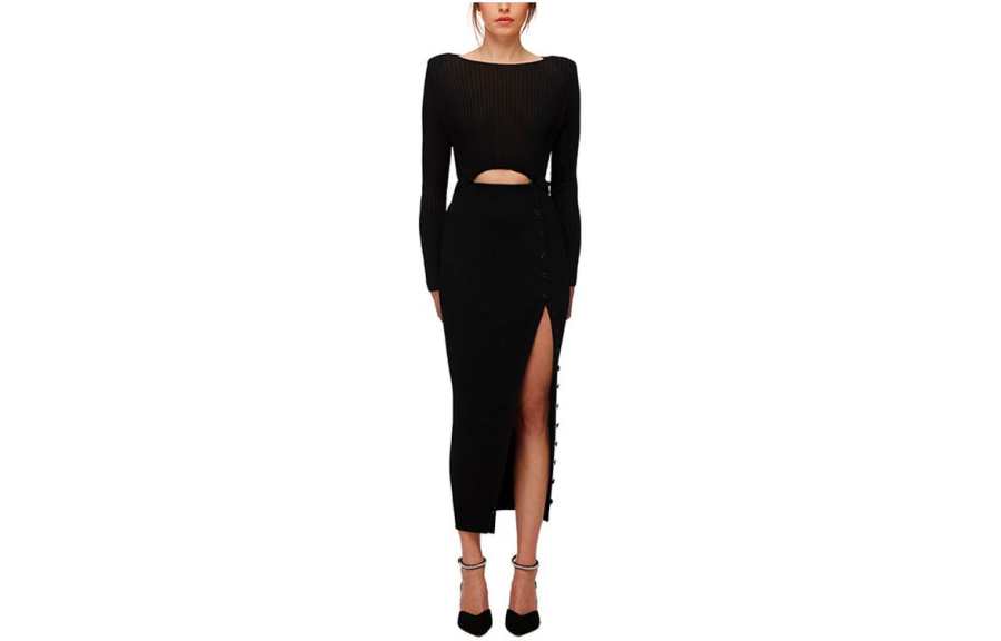 Self-portrait Self Portrait Long Sleeved Dresses Women's Black Crew Neck Long