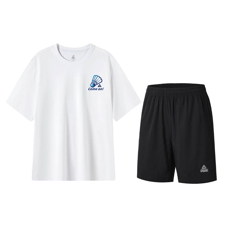 PEAK Casual Sportswear Unisex White Short Sleeved Shirt+Black Shorts