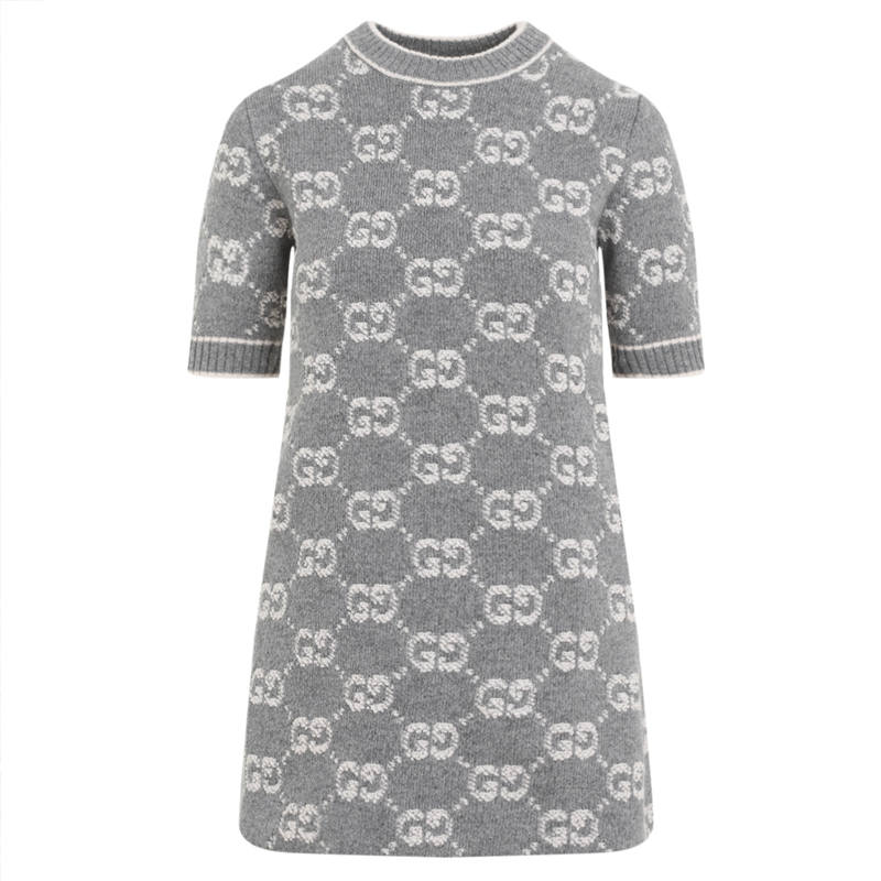 GUCCI Wool Boucle Jacquard Dress 'Grey/Ivory'