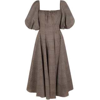 Selkie FW24 Short Sleeved Dress Women's Brown Base With Houndstooth Plaid Print