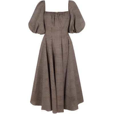 Selkie FW24 Short Sleeved Dress Women's Brown Base With Houndstooth Plaid Print