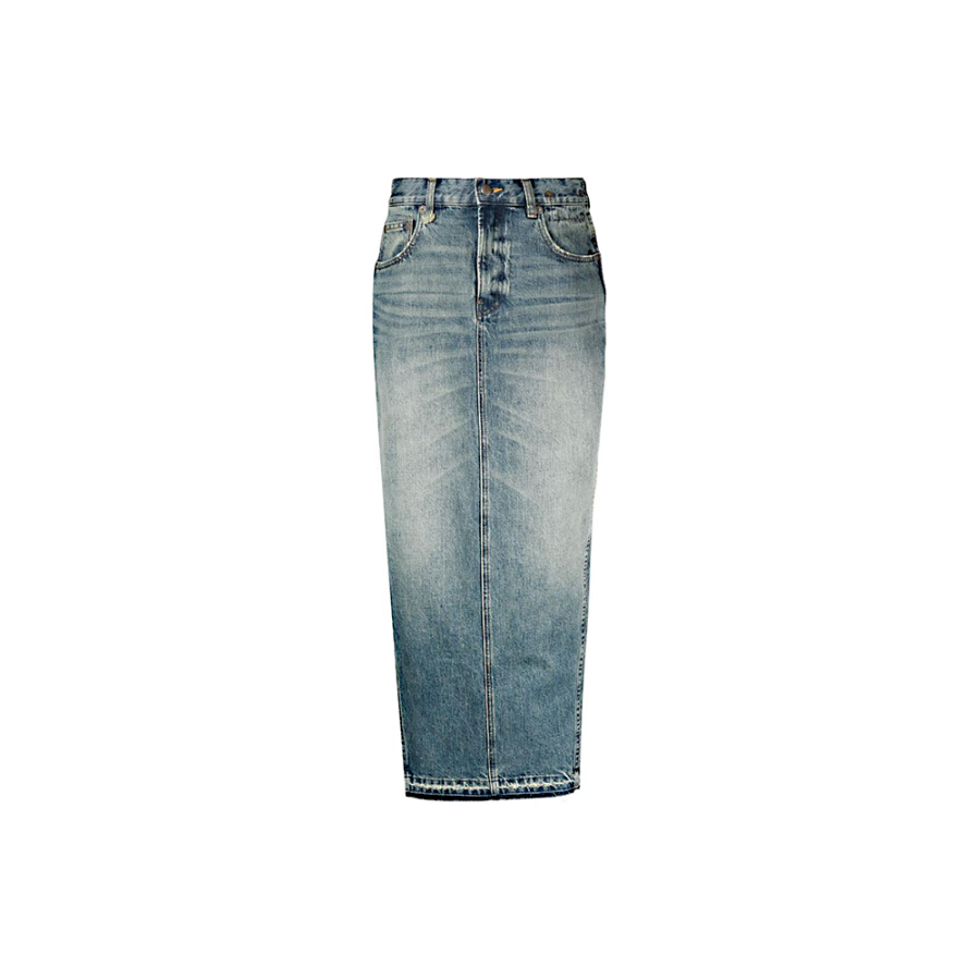 R13 Raw Cut Hem Midi Denim Skirt