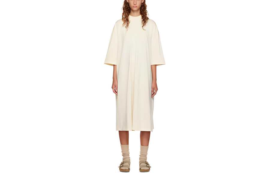 Fear Of God Essentials FW22 Off White Short Sleeve Midi Dress Egg Shell Short Sleeved Dress Women's Eggshell White