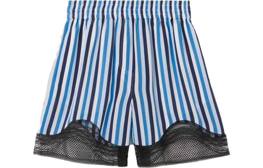 Burberry Lace Trim Stripe Silk Shorts Blue