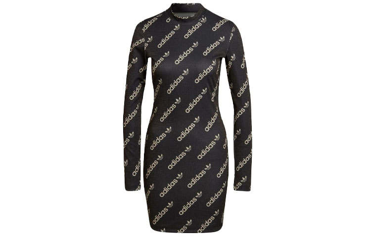 Adidas Originals Long Sleeved Dresses Women's Black Crew Neck Moderate Mid Length