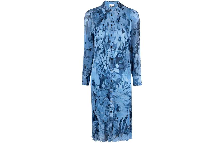 GANNI Long Sleeved Dresses Women's Blue Lapel