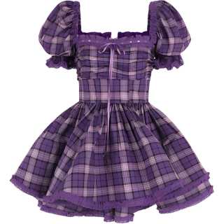 Selkie FW24 Short Sleeved Dress Women's Purple Preppy Style Plaid Print