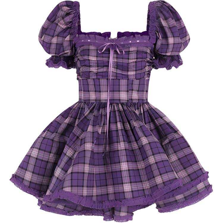 Selkie FW24 Short Sleeved Dress Women's Purple Preppy Style Plaid Print