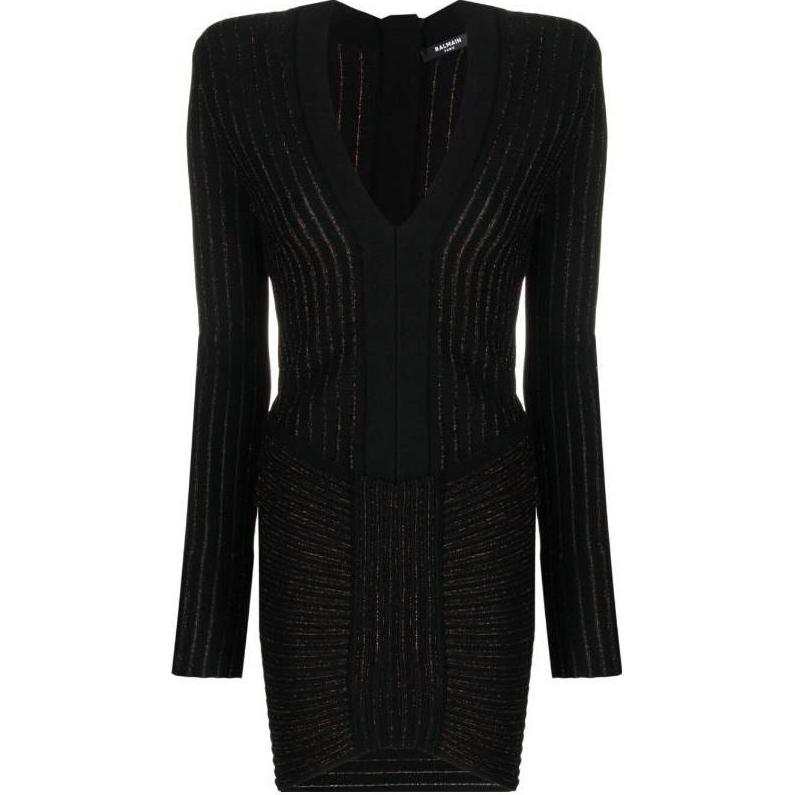 BALMAIN BALMAIN V Neck Ribbed Knit Mini Dress