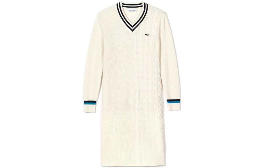 LACOSTE Long Sleeved Dresses Women's Beige V Neck Moderate Mid Length