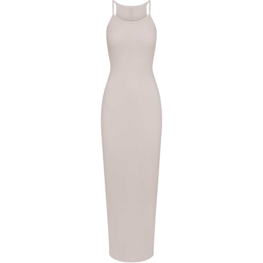 Skims SS24 COTTON RIB LONG CAMI DRESS Slip Dress Women's Stone/Stone Color