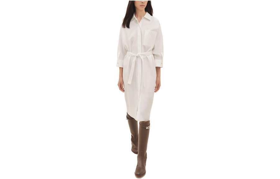 HERMES Long Sleeved Dresses Women's White Square Collar Moderate Mid Length