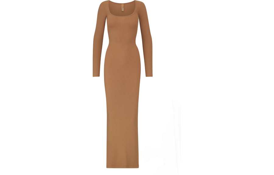 Skims Long Sleeved Dresses Women's Camel/Camel Square Collar Moderate Mid Length