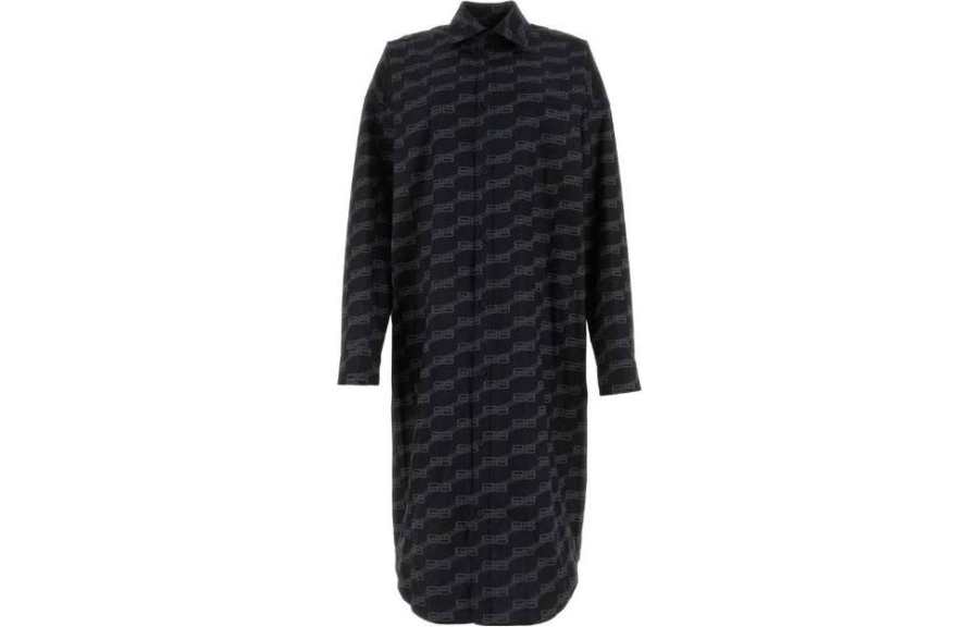 Balenciaga All Over Logo Printed Poplin Shirt Dress