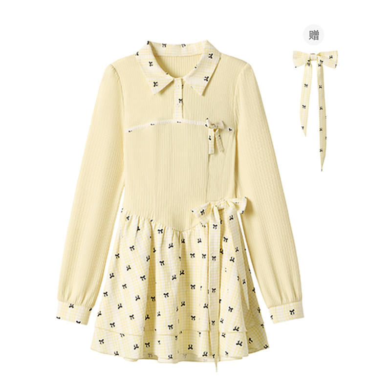 Fabric Pig Long Sleeved Dress Women's Light Yellow