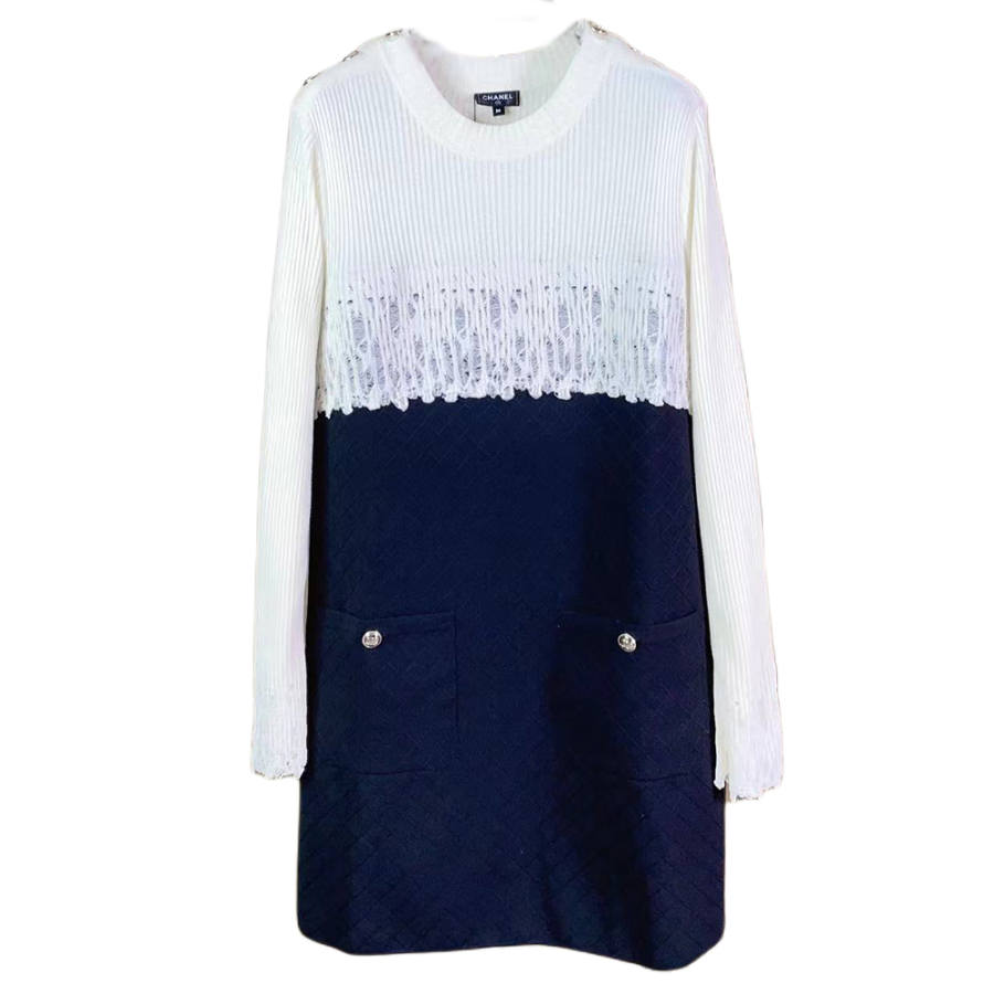 CHANEL Long Sleeved Dress Women's Black White