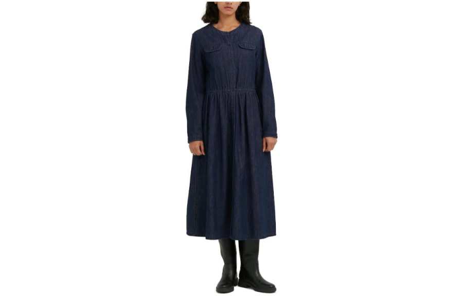 UNIQLO Long Sleeved Dresses Women's Navy Blue Crew Neck Moderate