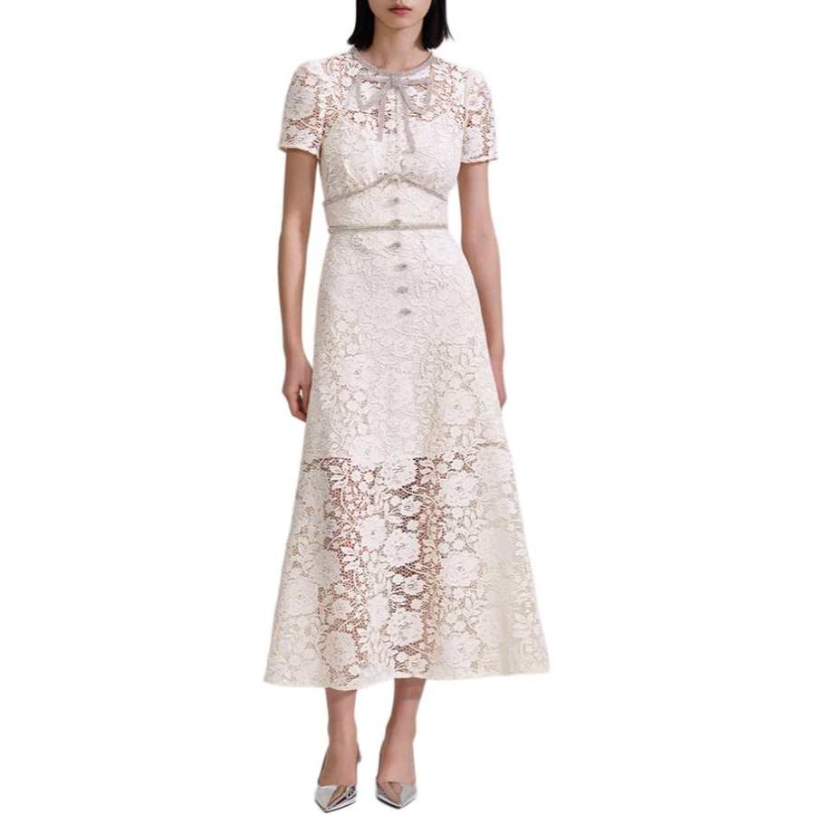 Self-portrait Self Portrait Short Sleeved Dresses Women's Ecru Crew Neck Moderate Mid Length