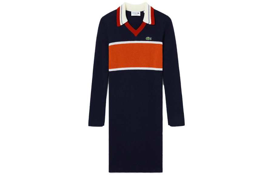 LACOSTE Long Sleeved Dresses Women's Marine Blue/Red Multicolor Polo Collar Moderate Mid Length
