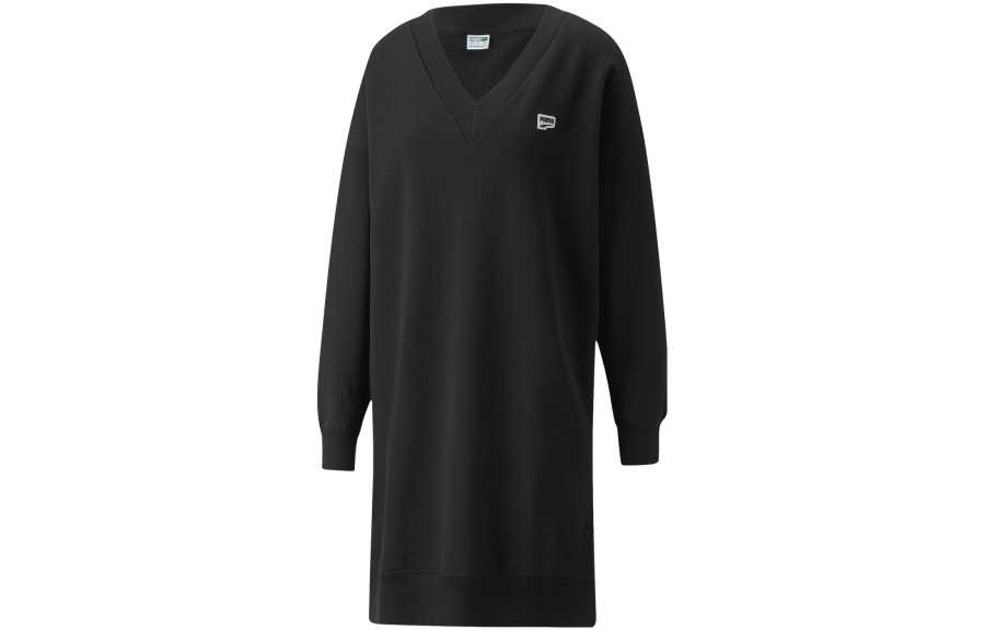 PUMA Long Sleeved Dresses Women's Black V Neck Moderate Mid Length