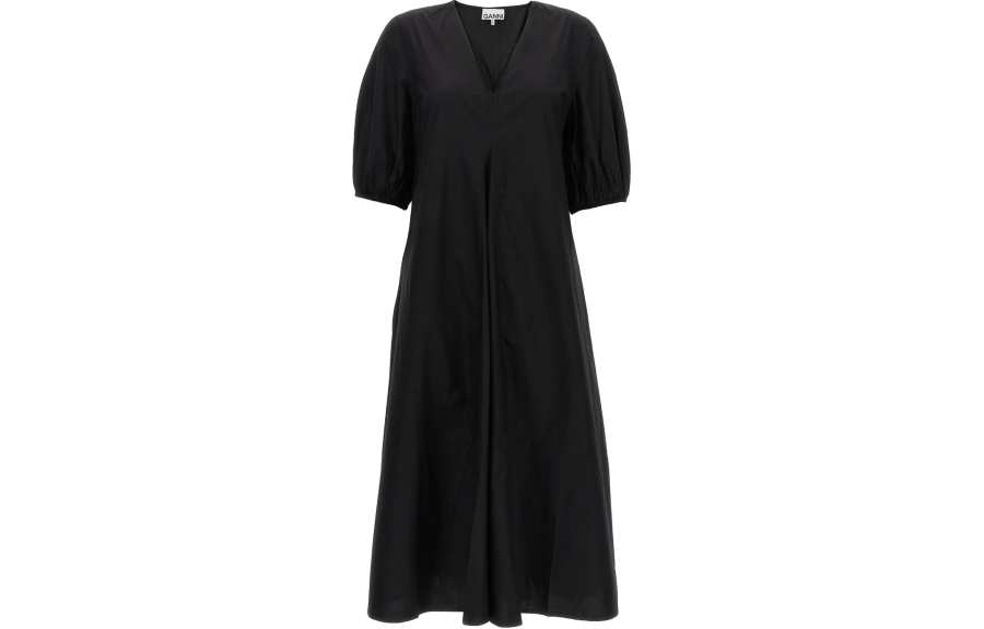 GANNI Short Sleeved Dresses Women's Black V Neck Moderate Mid Length