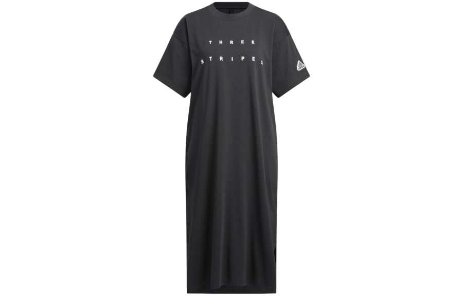 Adidas Adidas Loose Single Sided Plain Knit T Shirt Dress Short Sleeved Dress Women's Black