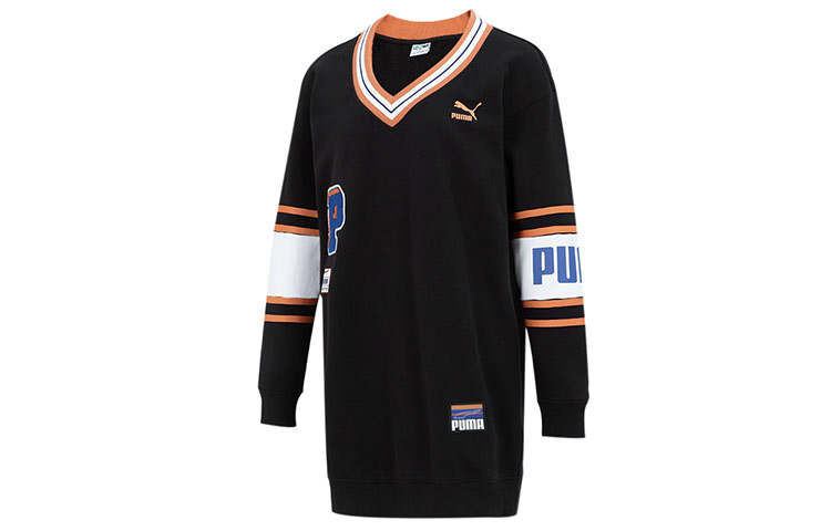 PUMA Long Sleeved Dresses Women's Black V Neck Moderate Mid Length