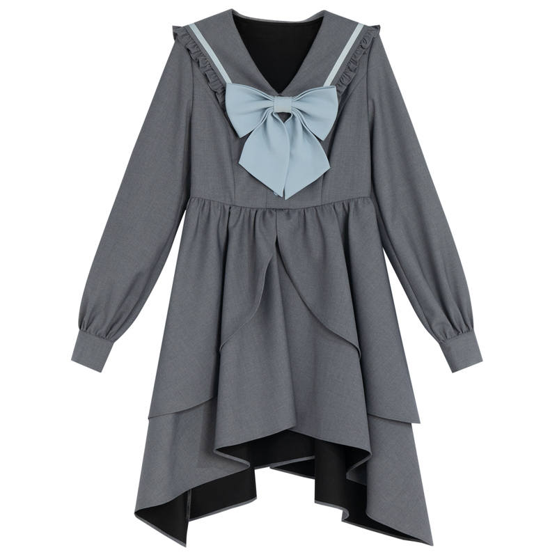 SNBL Long Sleeved Dresses Women's Gray Navy Collar Moderate Mid Length