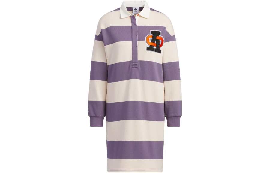 Adidas Originals Long Sleeved Dresses Women's Dark Gray Violet Polo Collar Thickened Mid Length
