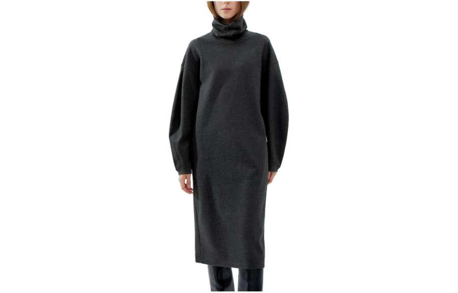 UNIQLO FW23 U Long Sleeved Dresses Women's Dark Gray Lapel Moderate Mid Length