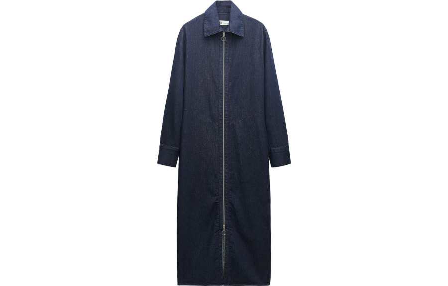 ZARA Long Sleeved Dresses Women's Blue Polo Collar Moderate Mid Length