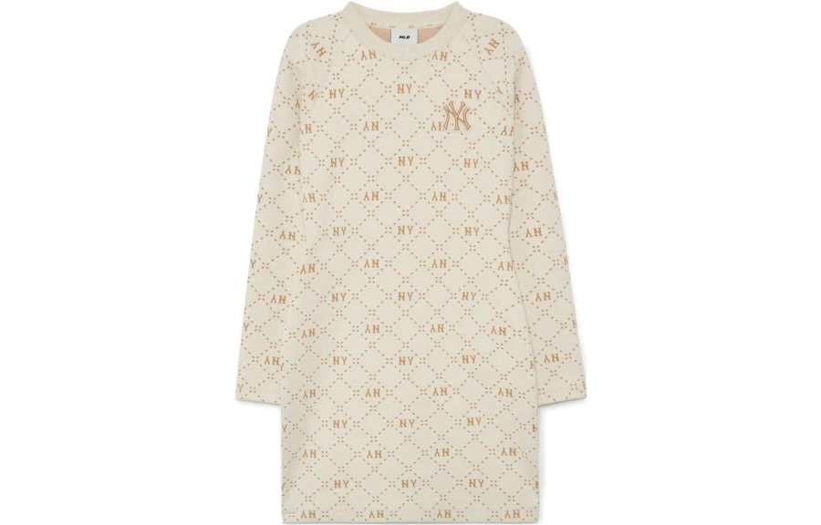 MLB Long Sleeved Dresses Women's Ecru Crew Neck Moderate Mid Length