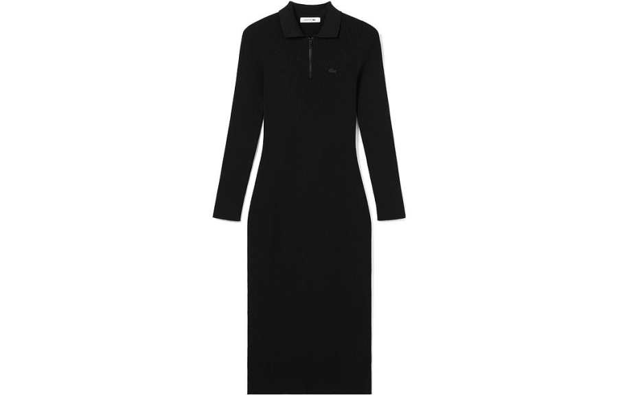 LACOSTE Long Sleeved Dresses Women's Black Lapel Moderate Long