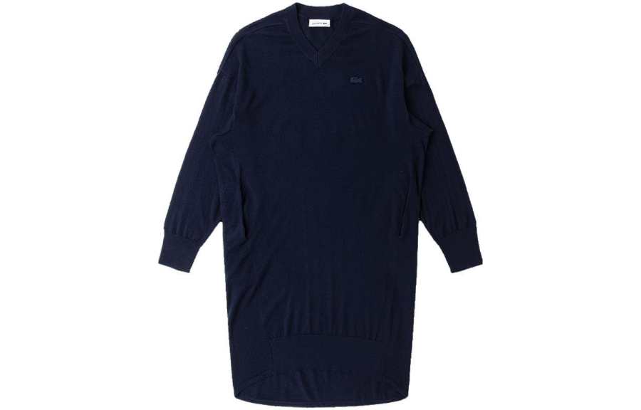 LACOSTE Long Sleeved Dresses Women's Dark Blue V Neck Moderate Mid Length