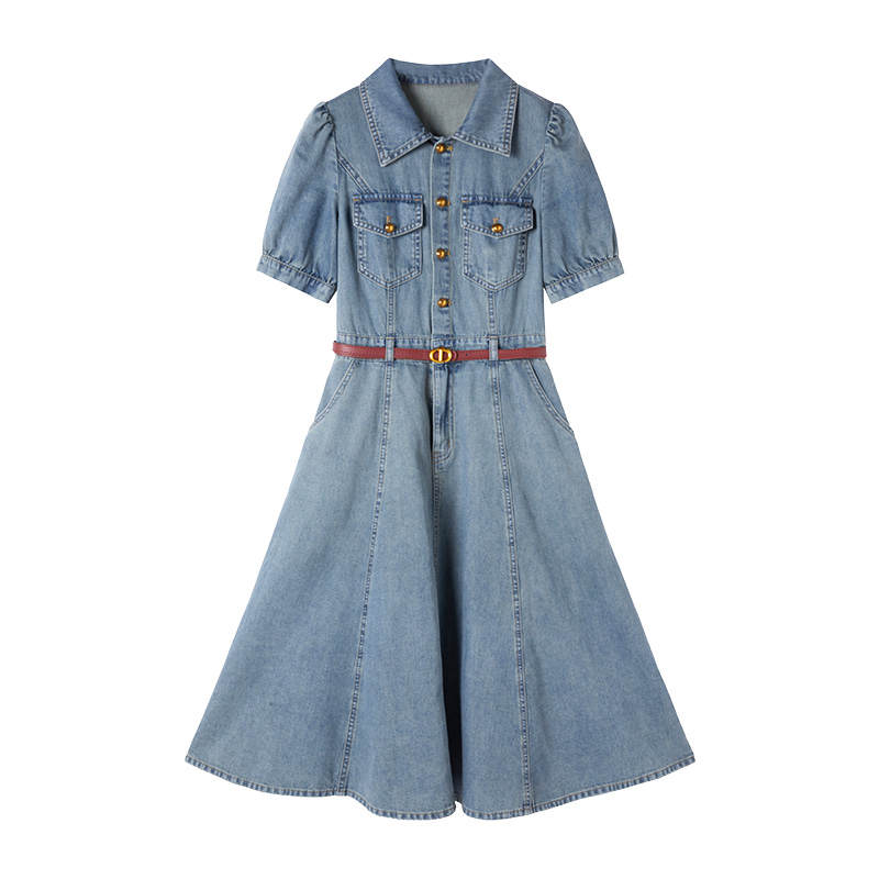 XIANGYING Short Sleeved Dress Women's Denim Blue