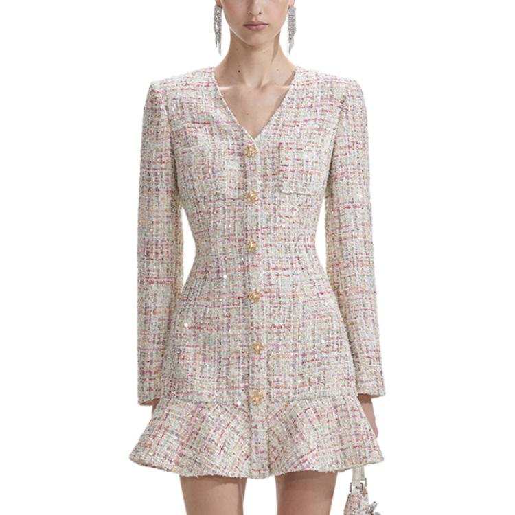 Self-portrait Self portrait Long Sleeved Dress Women's White Mixed Color